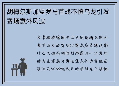 胡梅尔斯加盟罗马首战不慎乌龙引发赛场意外风波